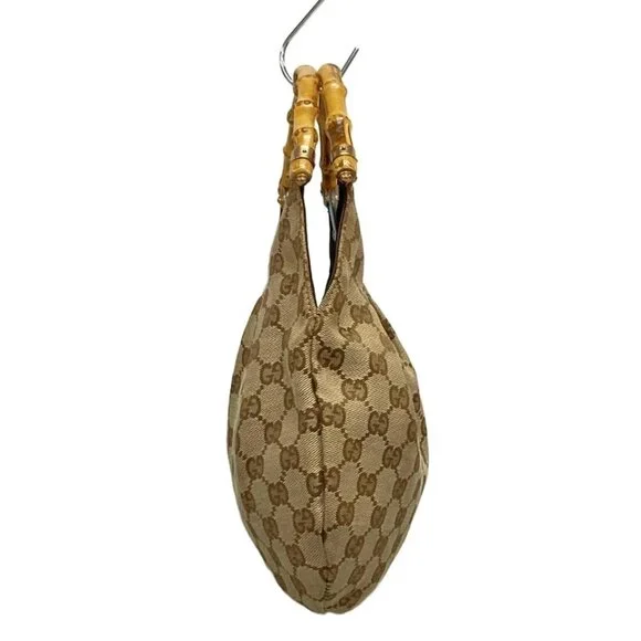 GUCCI GG/Bamboo Beige Light Blue Jacquard Leather Handbag 525-060625